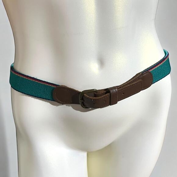Vintage Blue Striped Belt with Leather Accents - 37-40 Inch Waist - Picture 1 of 15